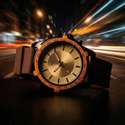 Sporty Analog Wrist Watch with Brown Silicone Strap & Tachymeter Bezel Design