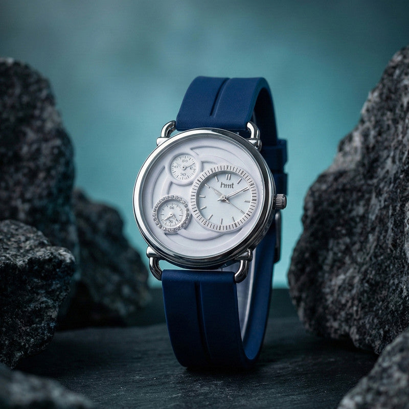 Elegant Analog Watch with Layered White Dial and Blue Magnetic Strap