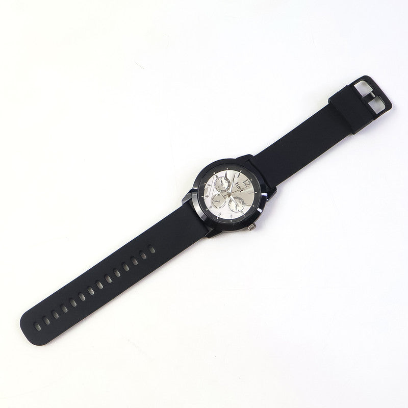 Premium Analog Wrist Watch with Silver Multi-Dial Face and Black Silicone Strap for Daily & Office Wear