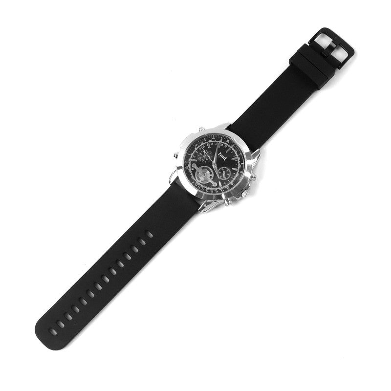 Chronograph-Style Analog Wrist Watch with Multi-Function Black Dial and Black Silicone Strap