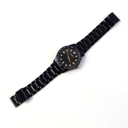 Classic Analog Wrist Watch with Black Dial, Tachymeter Bezel and Black Metal Strap