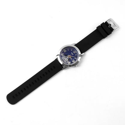 Stylish Analog Wrist Watch with Blue Dial, Black Silicone Strap & Open-Heart Mechanical Design