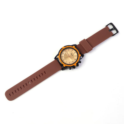 Sporty Analog Wrist Watch with Brown Silicone Strap & Tachymeter Bezel Design