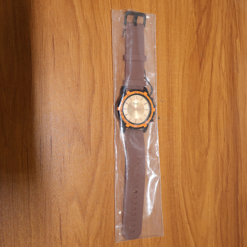 Sporty Analog Wrist Watch with Brown Silicone Strap & Tachymeter Bezel Design