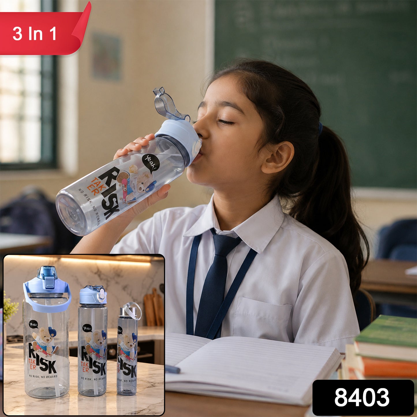 Water Bottle Set of 3 for Travel with Leak Proof Lids (3 Pc)