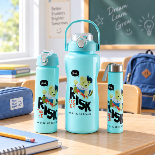 Three light blue water bottles with a cartoon bear on a skateboard, on a school desk.