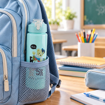 A light blue water bottle with a bear graphic in the mesh pocket of a blue backpack.