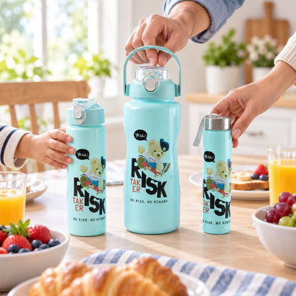 Three light blue water bottles on a breakfast table with hands reaching for two of them.