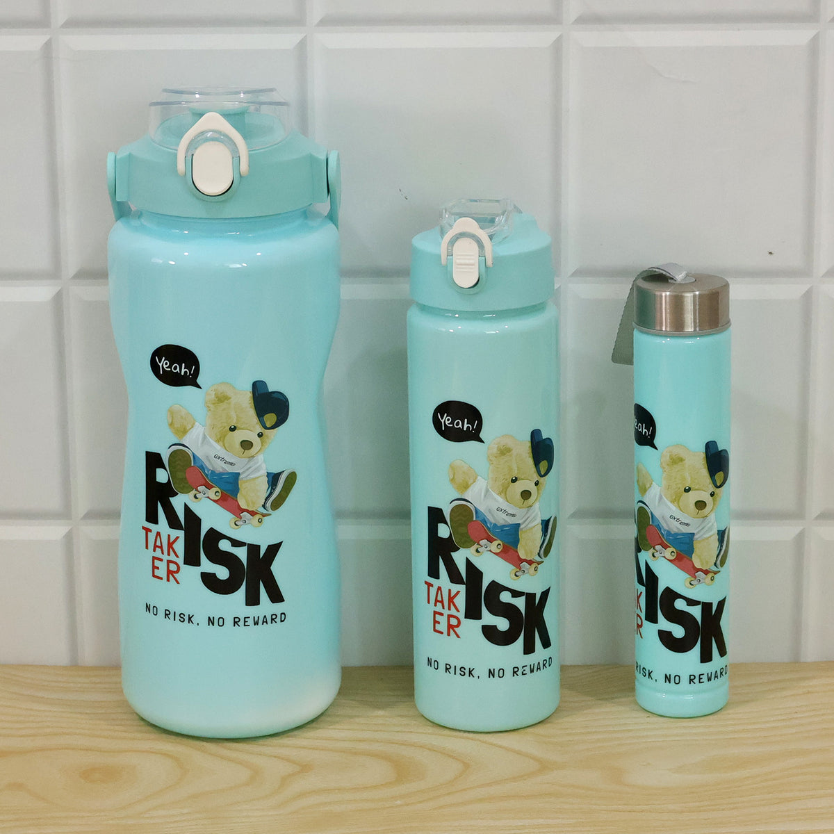Kids Water Bottle Set displayed to highlight its ergonomic design and bear prints.