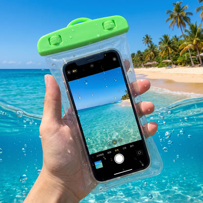 Waterproof mobile pouch with lock placed on sand at the beach, ready for outdoor use.