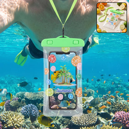 Waterproof mobile pouch with neck strap in green, shown protecting a phone.