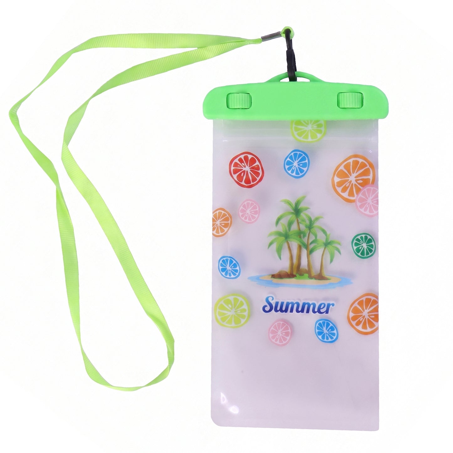 Person holding a phone inside the waterproof pouch near water.