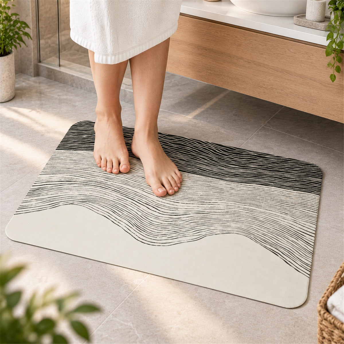 Absorbent Bathroom Mat, Abstract Wave Line Print Quick Dry Mat (1 Pc, 60x40 Cm)