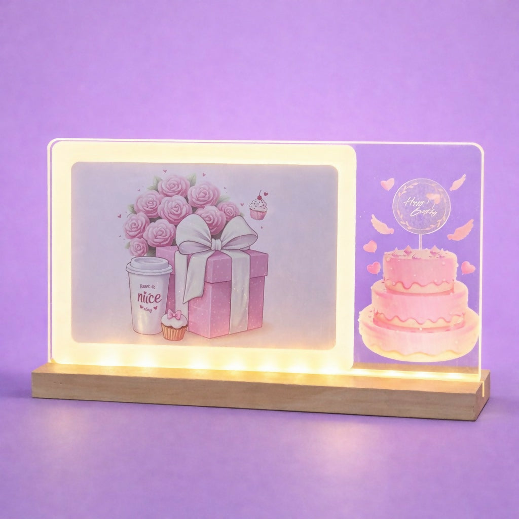 Close-up of birthday-themed LED frame lamp on decorative table