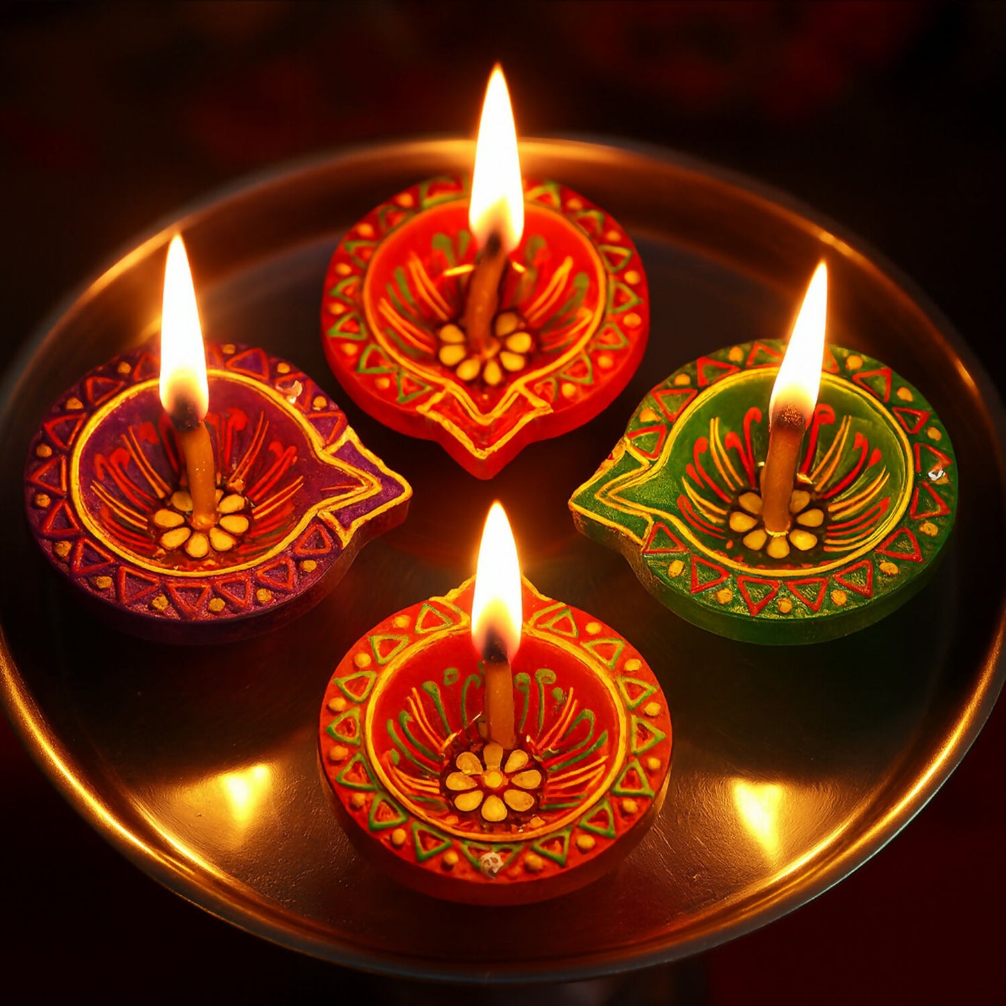 Handcrafted Multicolor Mix Diya Set of 4 – Round Flower Pattern Oil Lamps for Diwali, Pooja & Festive Decoration (Mix Design)