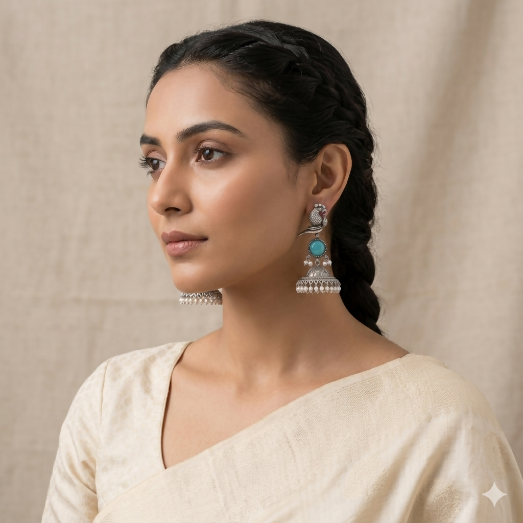 Elegant Peacock Oxidized Silver Jhumka Earrings with Sky Blue Stone & Pearl Accents