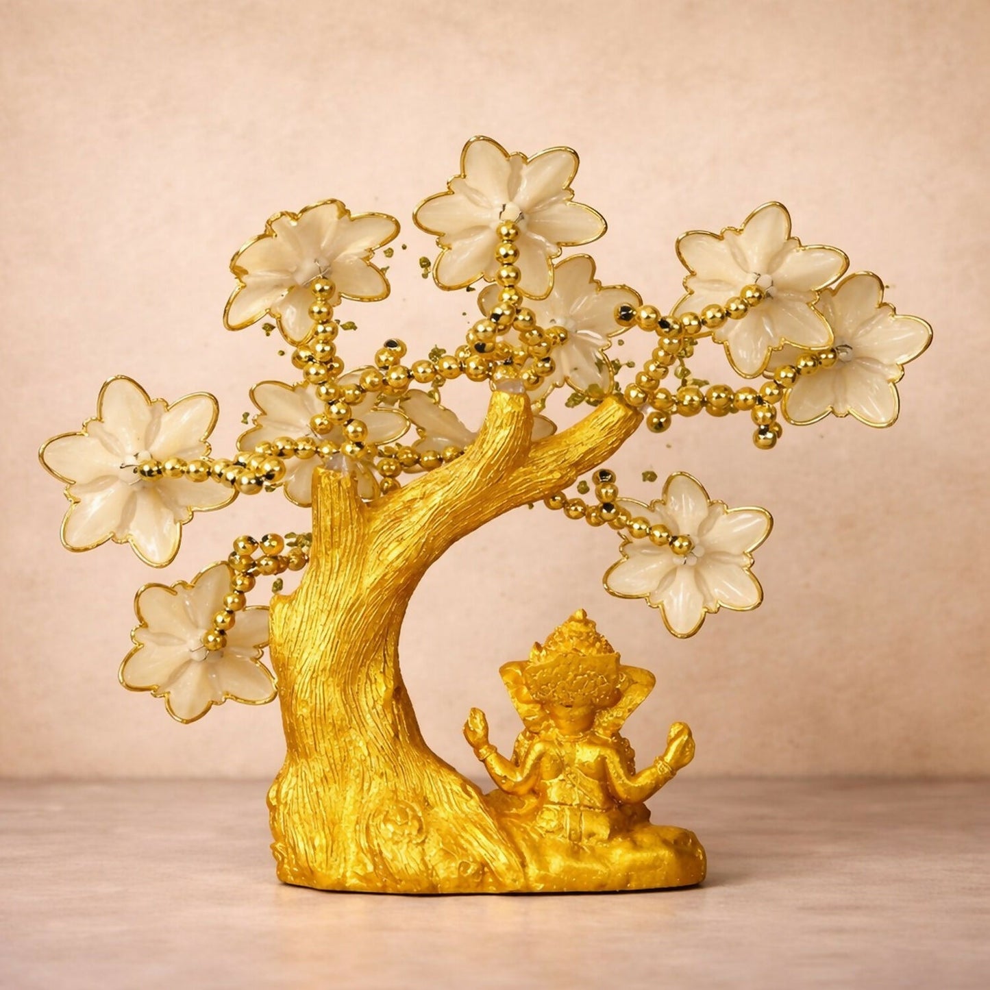 Golden Ganesha White Tree Showpiece with Evil Eye for Home Decor & Gift
