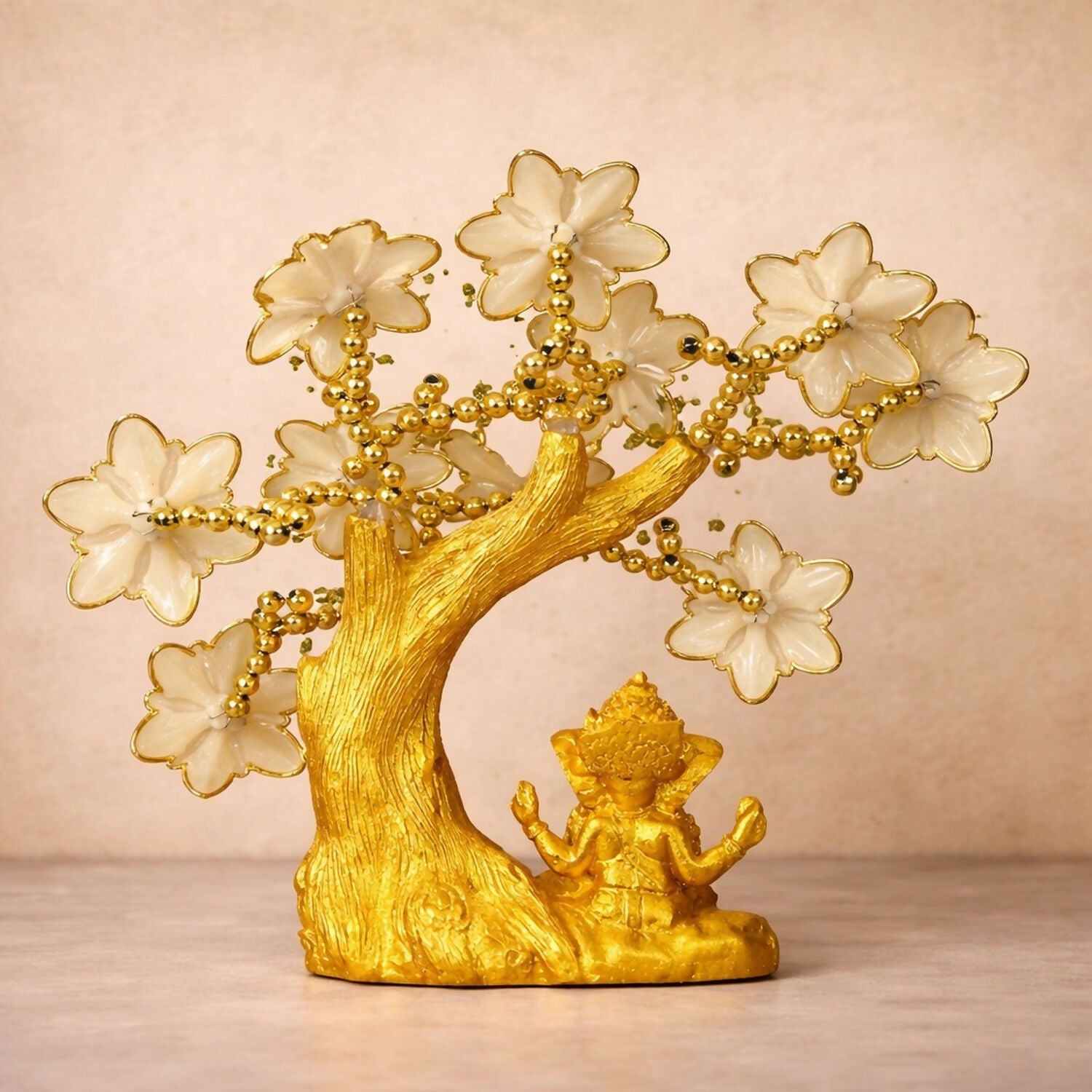 Golden Ganesha White Tree Showpiece with Evil Eye for Home Decor & Gift