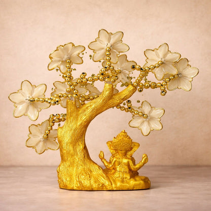 Golden Ganesha White Tree Showpiece with Evil Eye for Home Decor & Gift
