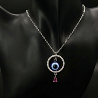 Silver plated Evil Eye Circle Pendant Necklace with Pink Teardrop For women and girls