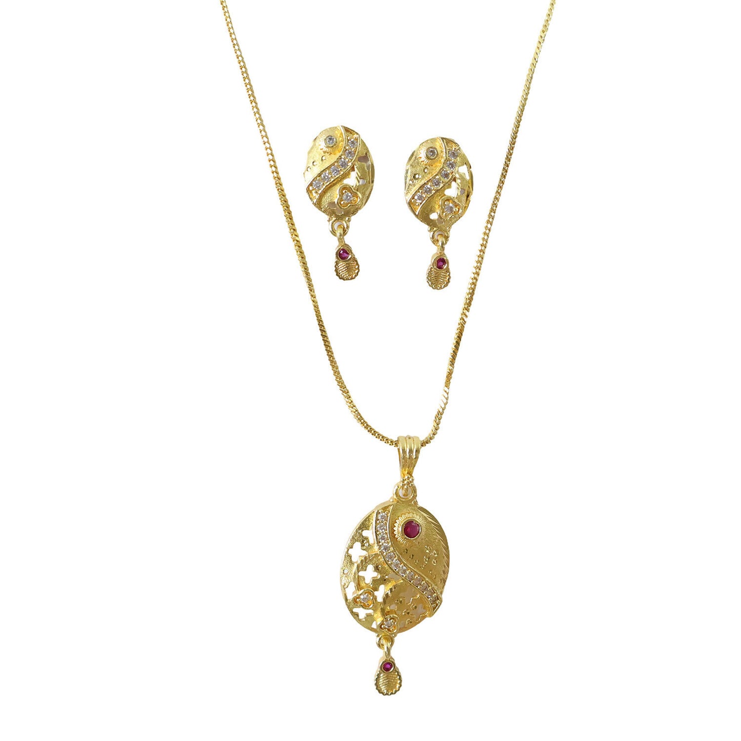 Oval Motif Gold Pendant and Earring Set Elegant Traditional Jewelry Set for Women