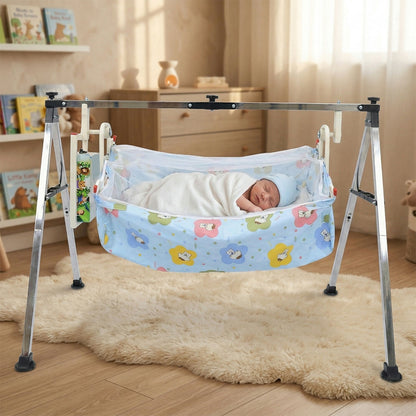 Close-up of the baby swing's sturdy frame and swing mechanism.