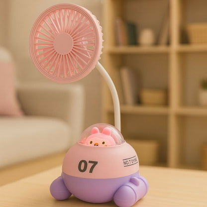Cute Pink Cartoon Desk Fan with LED Night Light & Pencil Sharpener for Kids