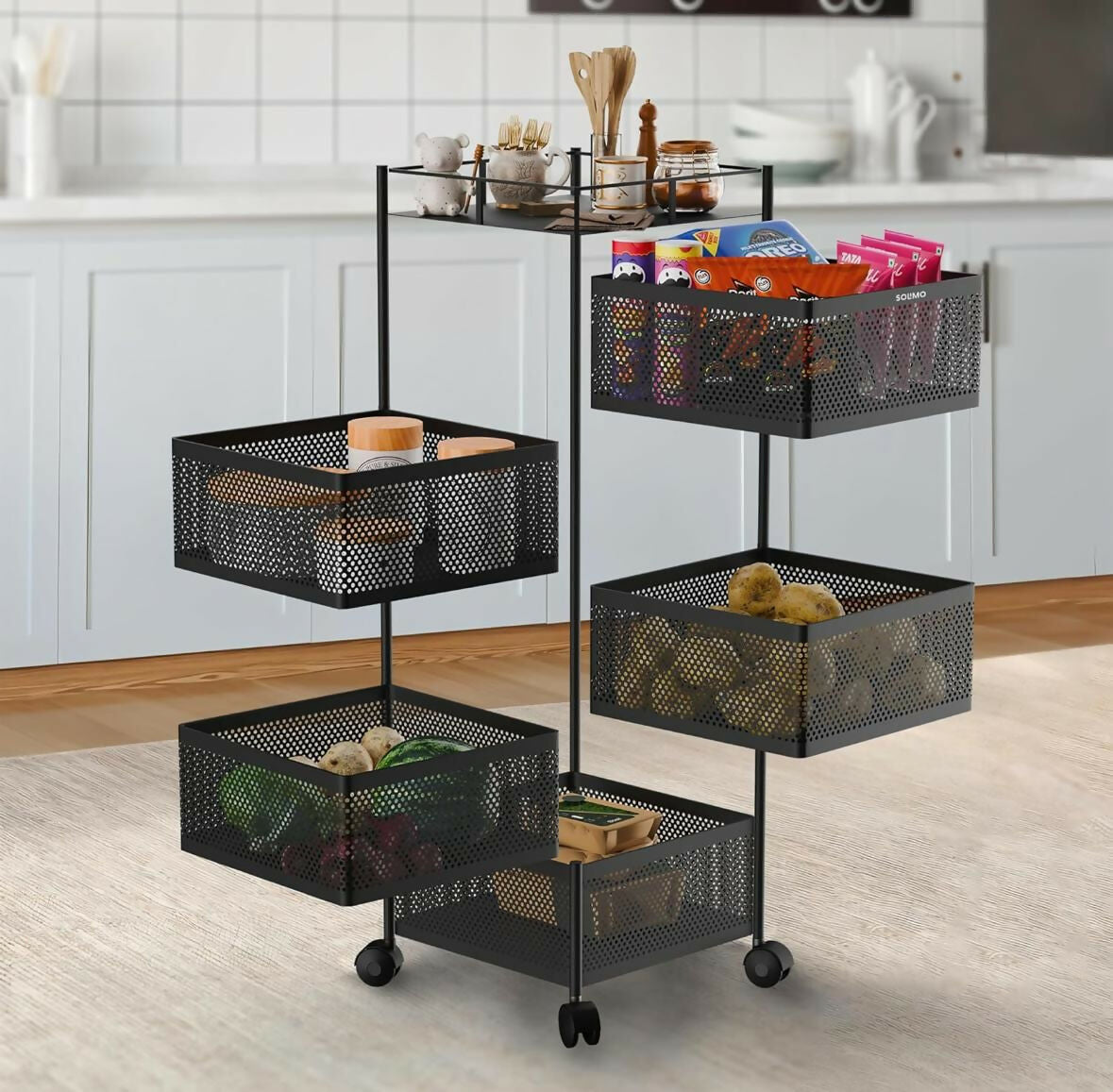 Square 5-Layer Stainless Steel Kitchen Trolley with Four Mesh Baskets & 360° Wheels