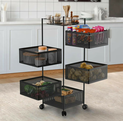 Square 5-Layer Stainless Steel Kitchen Trolley with Four Mesh Baskets & 360° Wheels