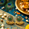 Traditional Gold-Tone Peacock Feather Stud Earrings with Ghungroo Beads