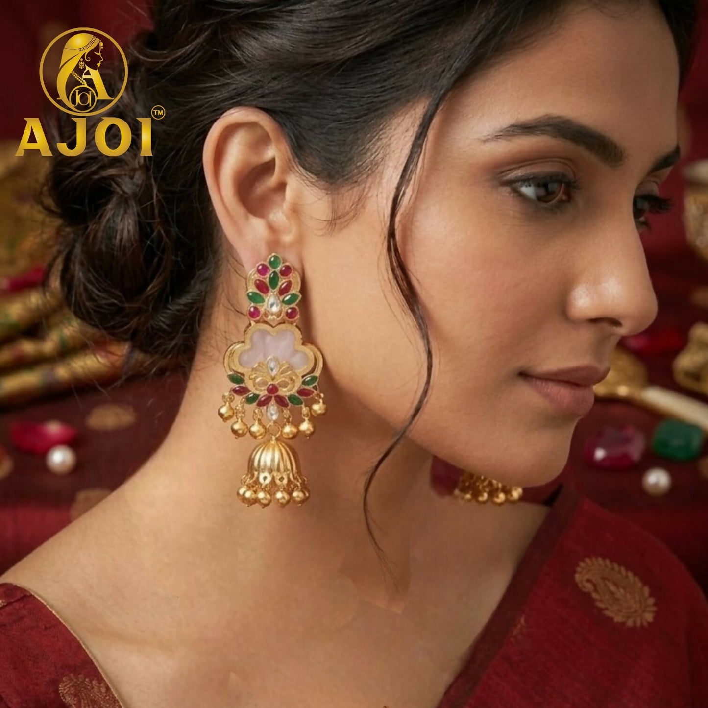 White Kundan Floral Jhumka Earrings with Stone Work Traditional Ethnic Design