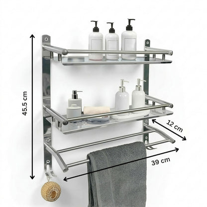 Multipurpose Wall Mounted Bathroom Shelf Organizer with Towel Bar and Storage Rack