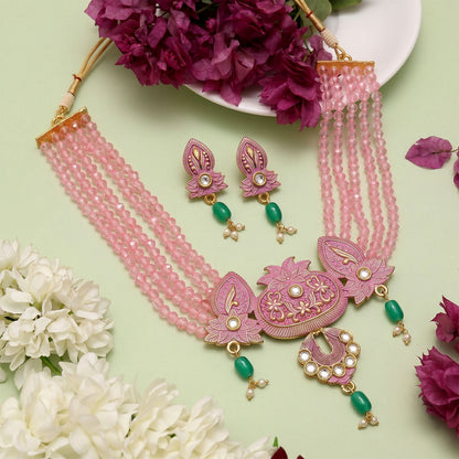 Layered pink beaded necklace strands