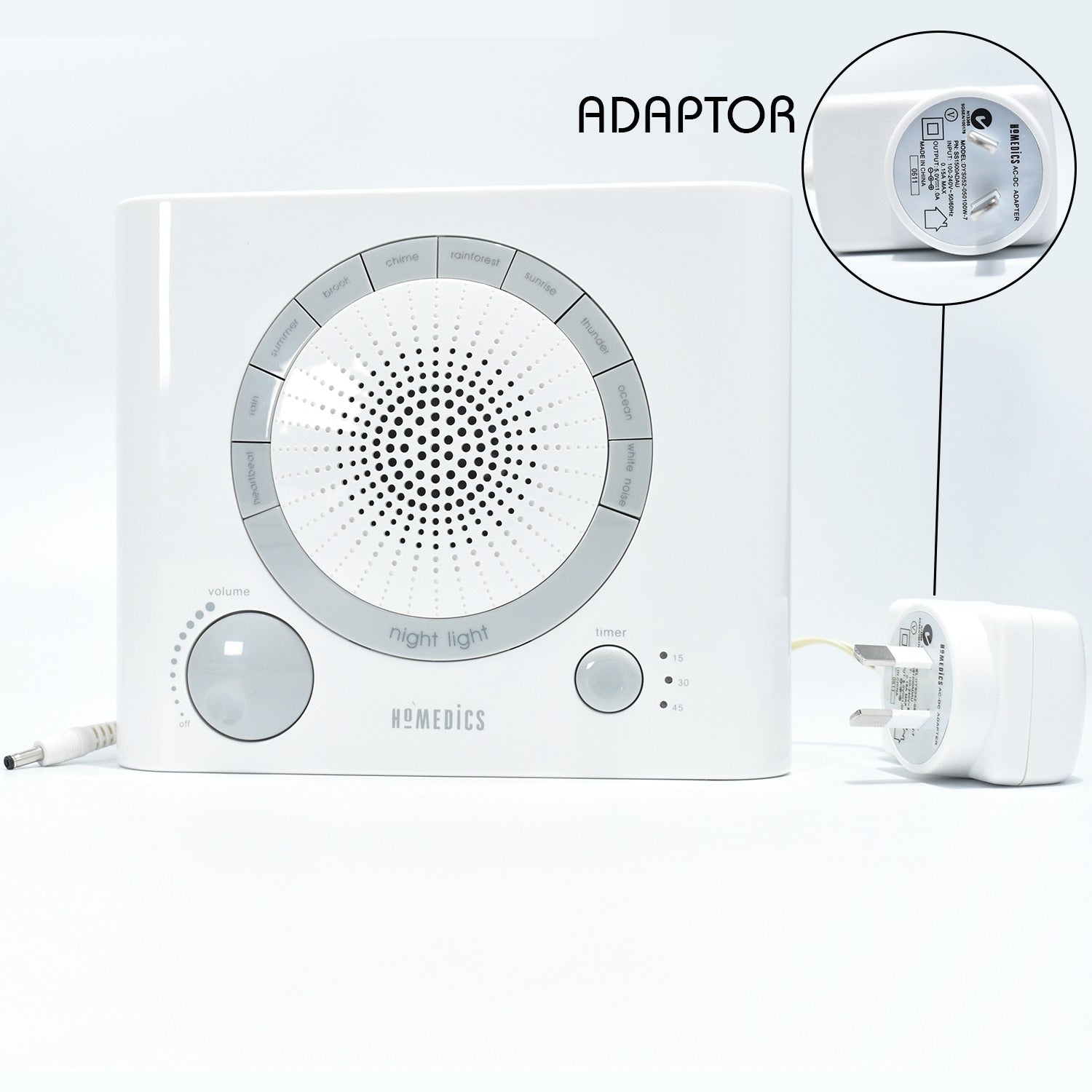 Sleep therapy machine with focus on timer and sound selection features.