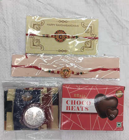 Rakhi Gift Combo with 2 Traditional Rakhis for Brother – Includes Choco Beats Box, 2 Silver Coins, Roli Chawal & Greeting Card,Rakhi Gift Combo