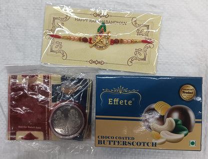 Krishna Flute Rakhi Combo Gift Set with Choco Butterscotch, Coin, Roli-Chawal & Greeting Card
