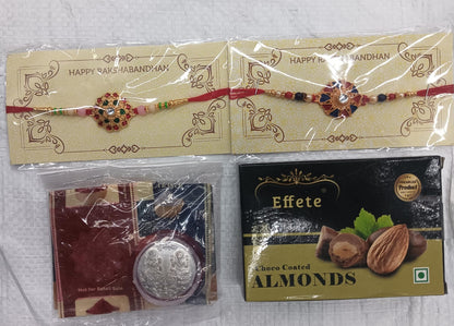 Premium Rakhi Gift Set for Brother – 2 Traditional Rakhis with Choco Almonds, Silver Coin, Roli Chawal & Festive Greeting Card,Rakhi Gift Combo