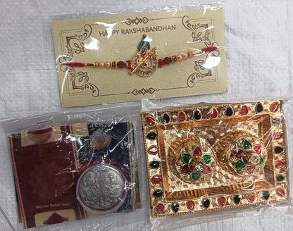 Krishna Flute Rakhi with Decorative Pooja Thali, Greeting Card & Silver Coin, Raksha Bandhan Gift Set,Rakhi Gift Combo