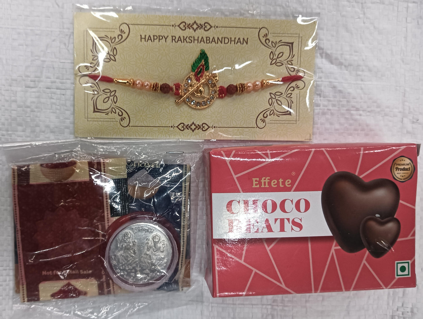 Designer Krishna Rakhi with Choco Beats, Roli Chawal, Greeting Card & Silver Color Coin, Festive Essentials Combo for Brother