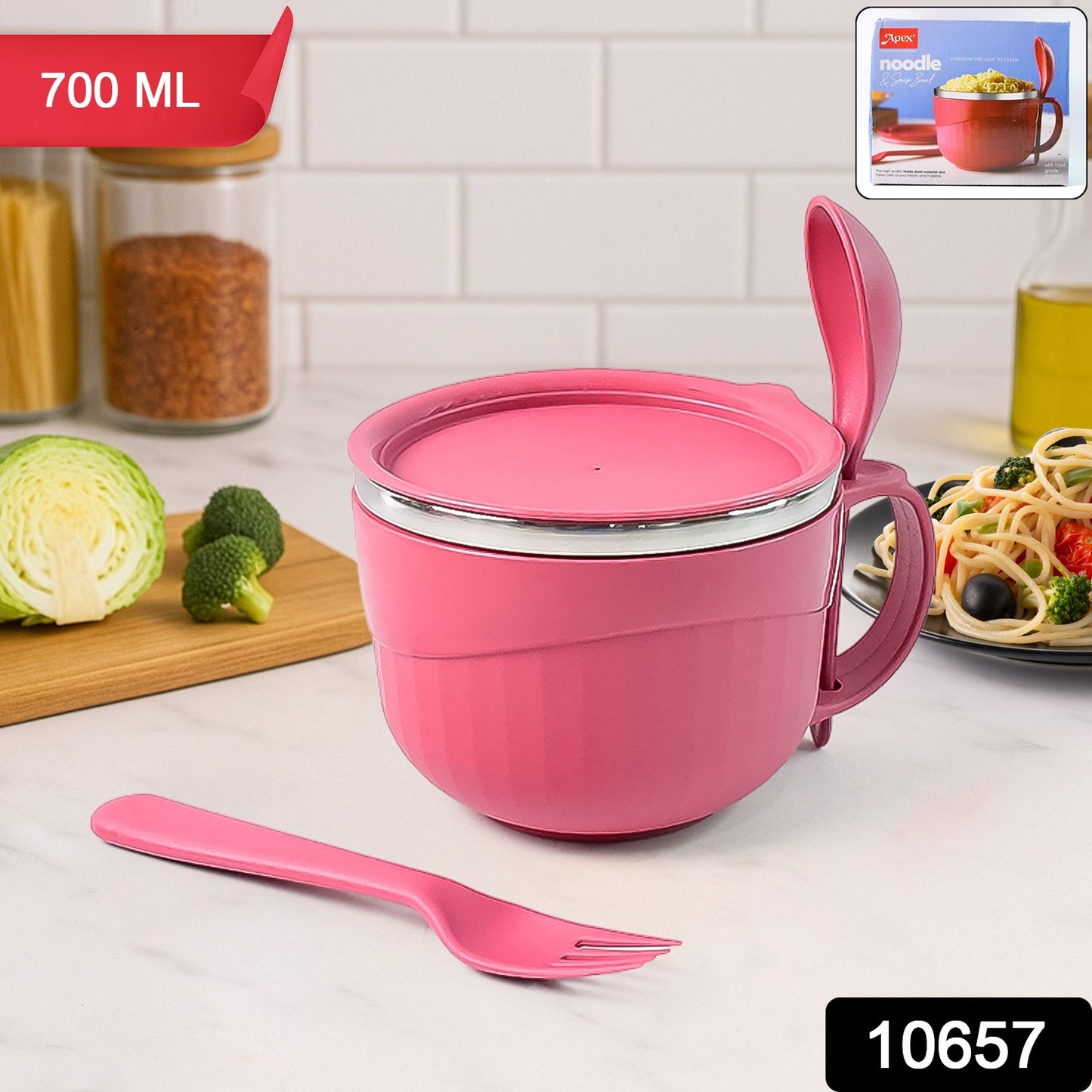 Apex Premium 700 ML Multipurpose Noodle Bowl with Handle, Lid and Fork