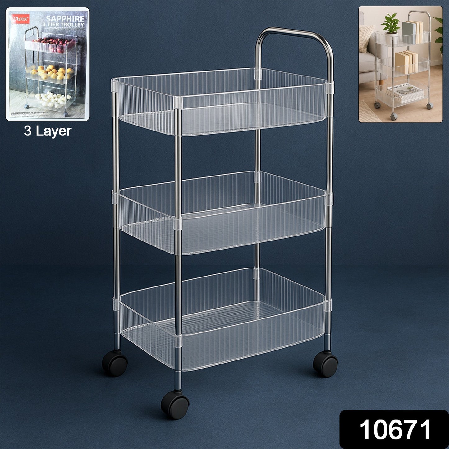 Apex Sapphire 3-Layer Multipurpose Storage Trolley with Wheels