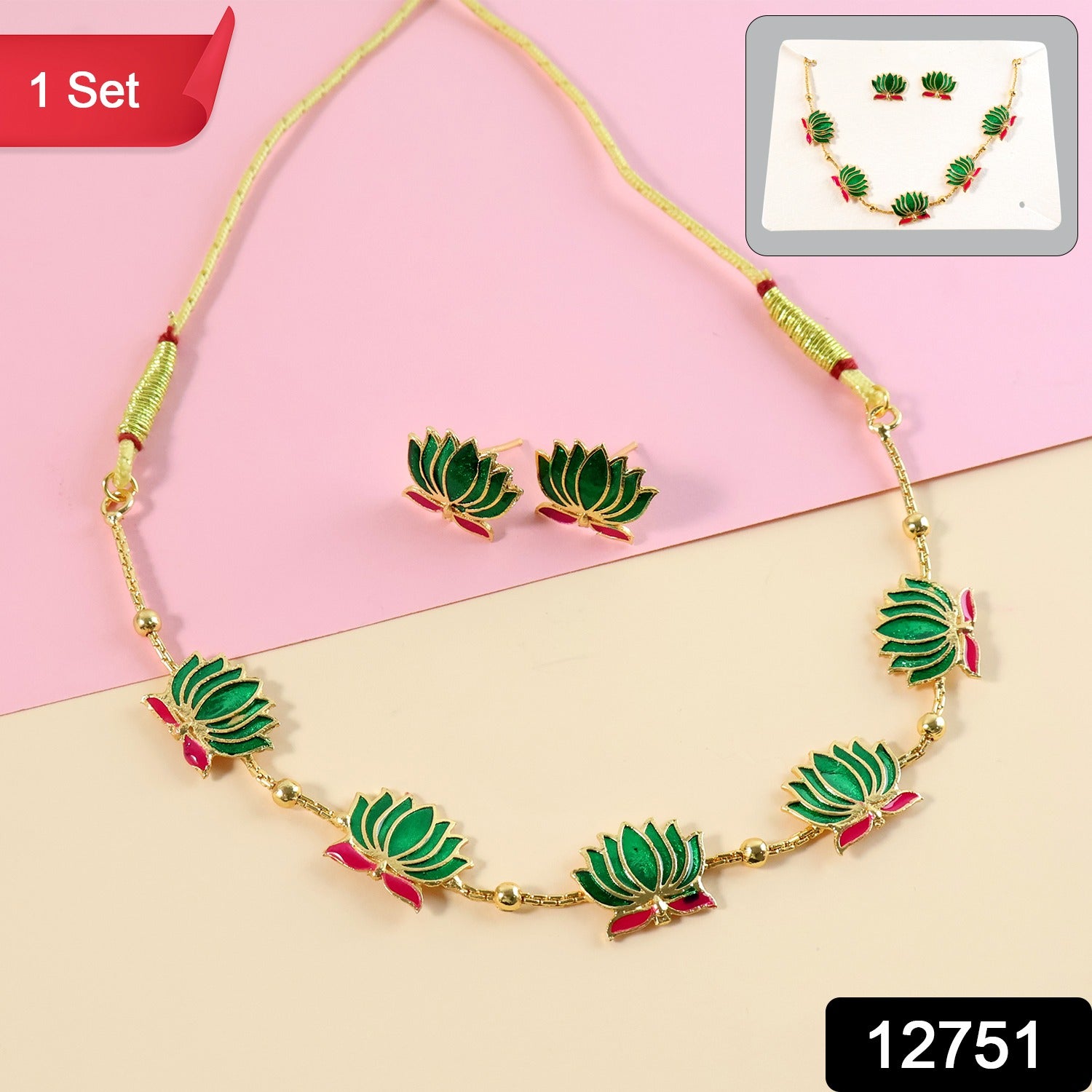 Traditional Green & Lotus Motif Jewellery Set