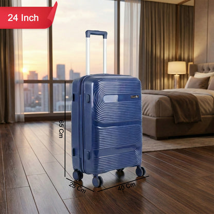 Dark blue cabin trolley suitcase packed and ready for travel