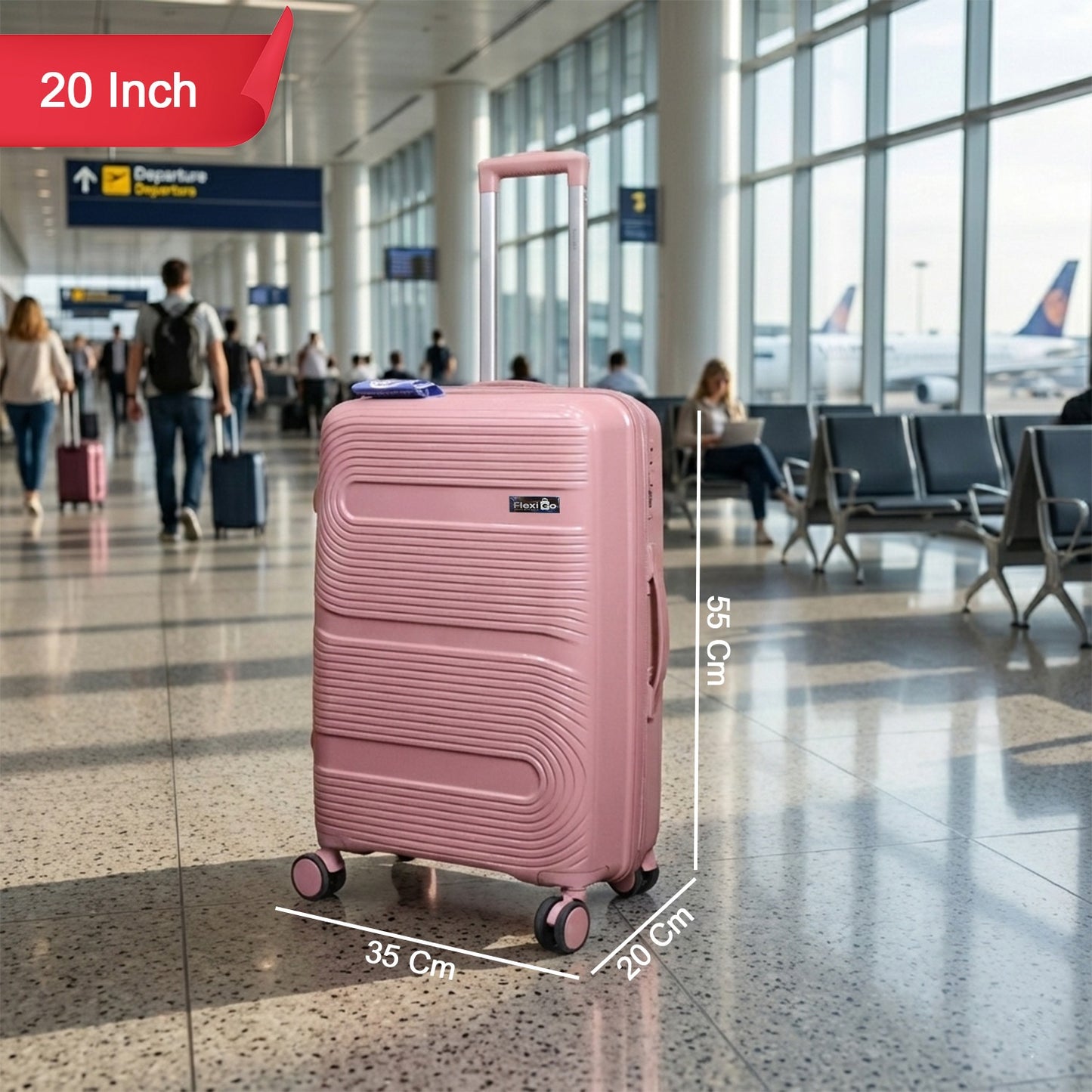 Rose gold cabin trolley suitcase showing sturdy wheels and telescopic handle