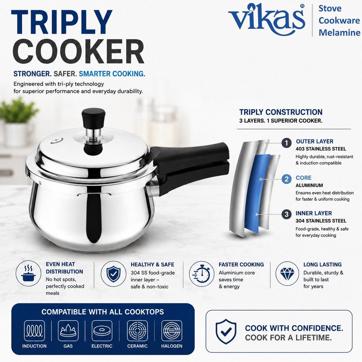 Vikas Triply Pressure Cooker front view on white background