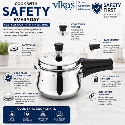 Close-up of Vikas Triply Pressure Cooker stainless steel body