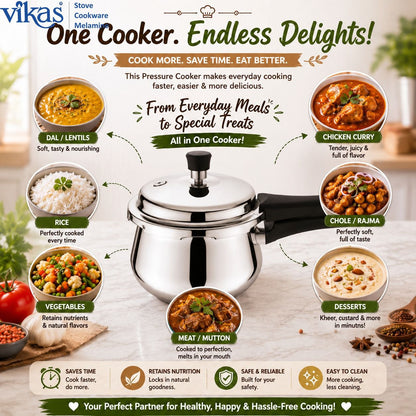 Vikas Triply Pressure Cooker side view showing lid and handle