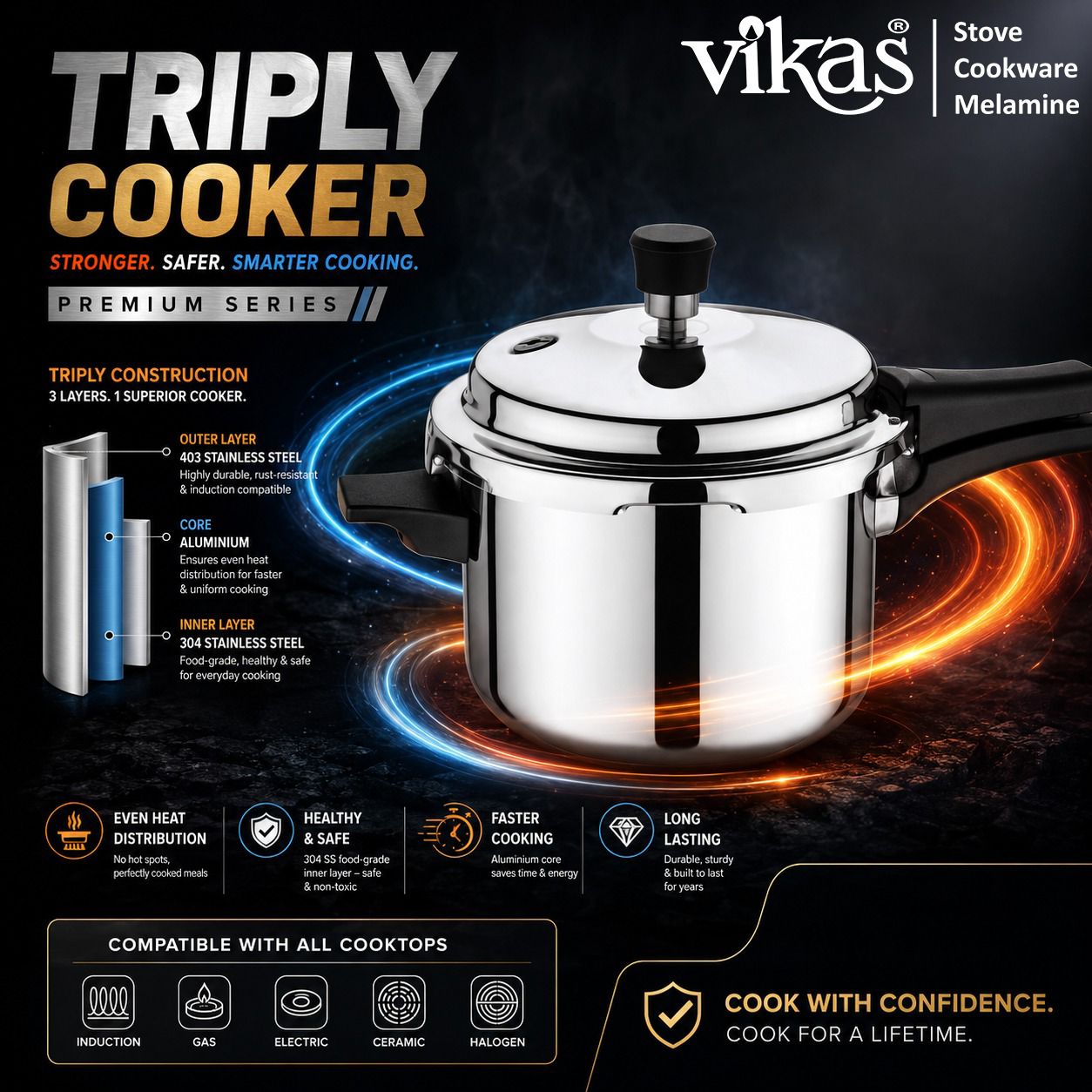 BK Triply Design Heavy Duty Pressure Cooker front view
