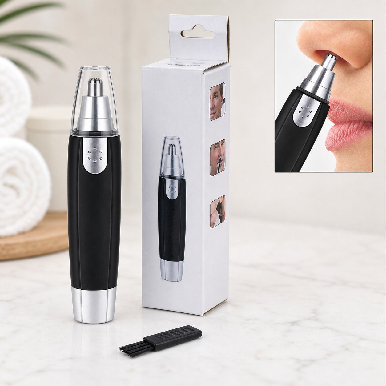 Unisex 3 in 1 Ear & Nose Hair Trimmer | Battery Operated Personal Grooming Trimmer with Rotary Cutting System, Compact Hair Remover for Nose, Ears & Facial Grooming, Portable Design (Black) - Black - Image 2