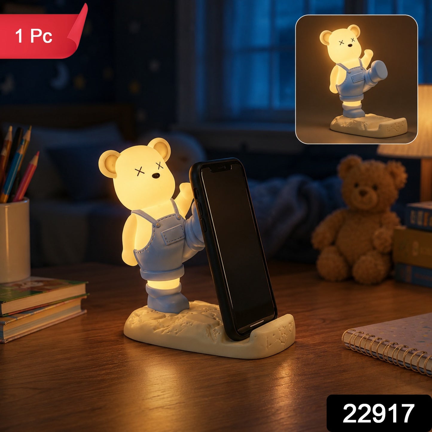 Magnetic Bear Mobile Phone Holder with LED Light for Desk (1 Pc)